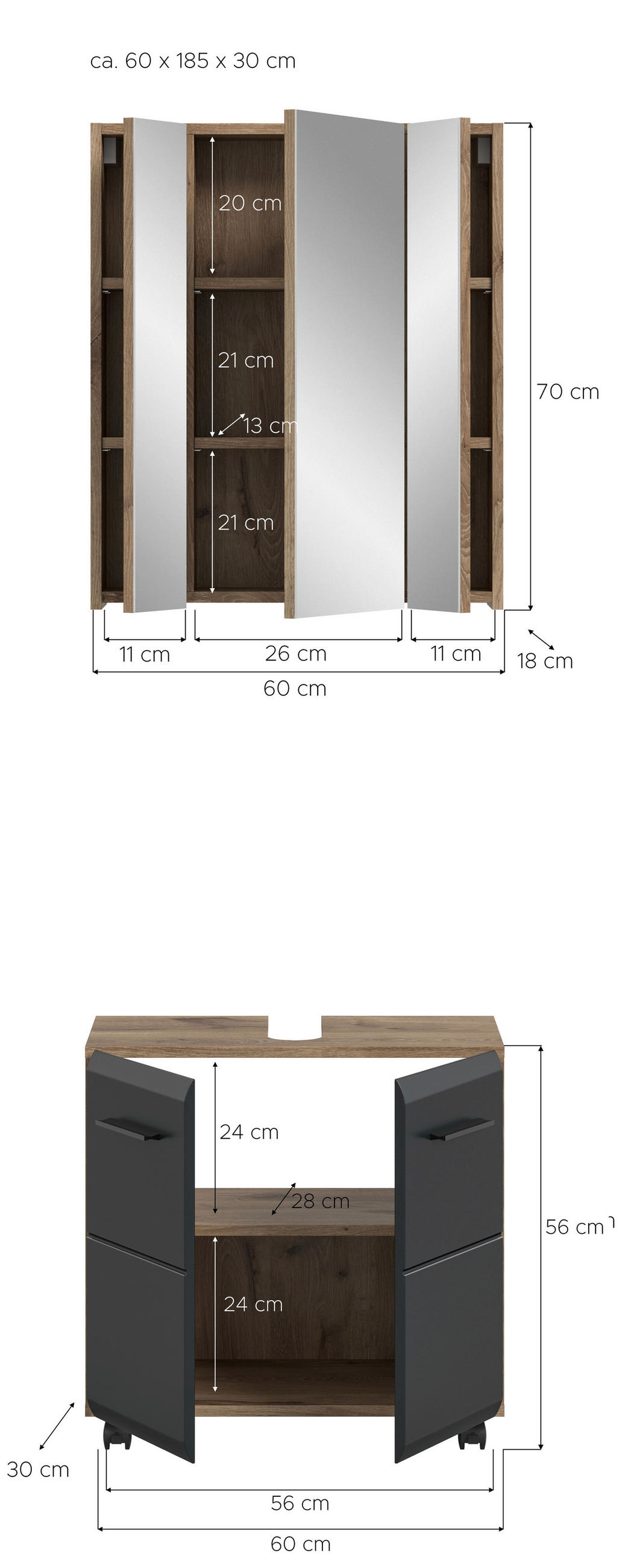 BADEZIMMER 2-teilig  in 60 cm  - Eiche dunkel/Schwarz, Trend, Glas/Holzwerkstoff (60cm) - MID.YOU