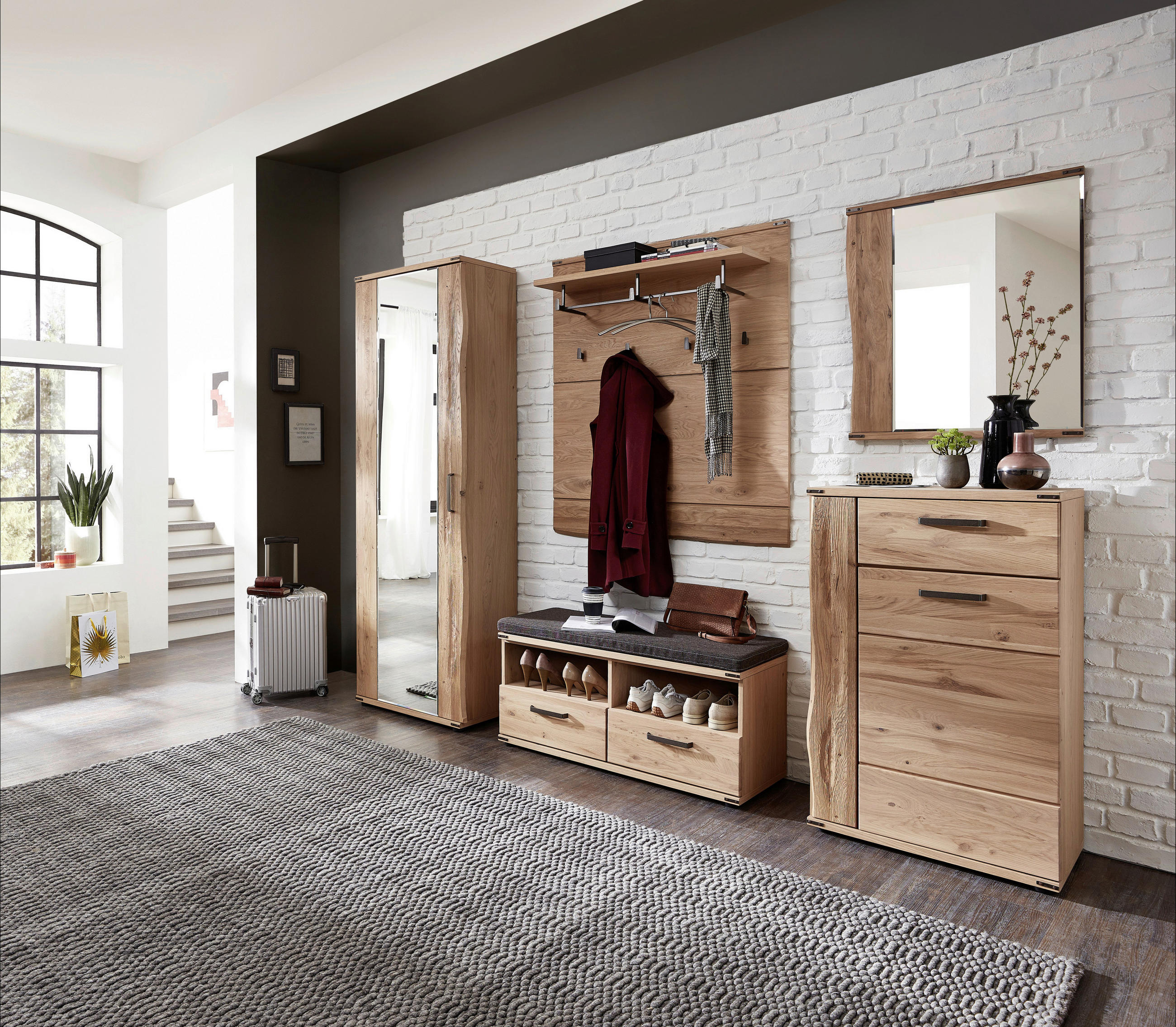 Thumbnail - Garderobenpaneel, Eiche, Holz, Holzwerkstoff, Wildeiche, furniert, massiv, 101x120x26 cm, Hutablage, Kleiderstange, Gard...