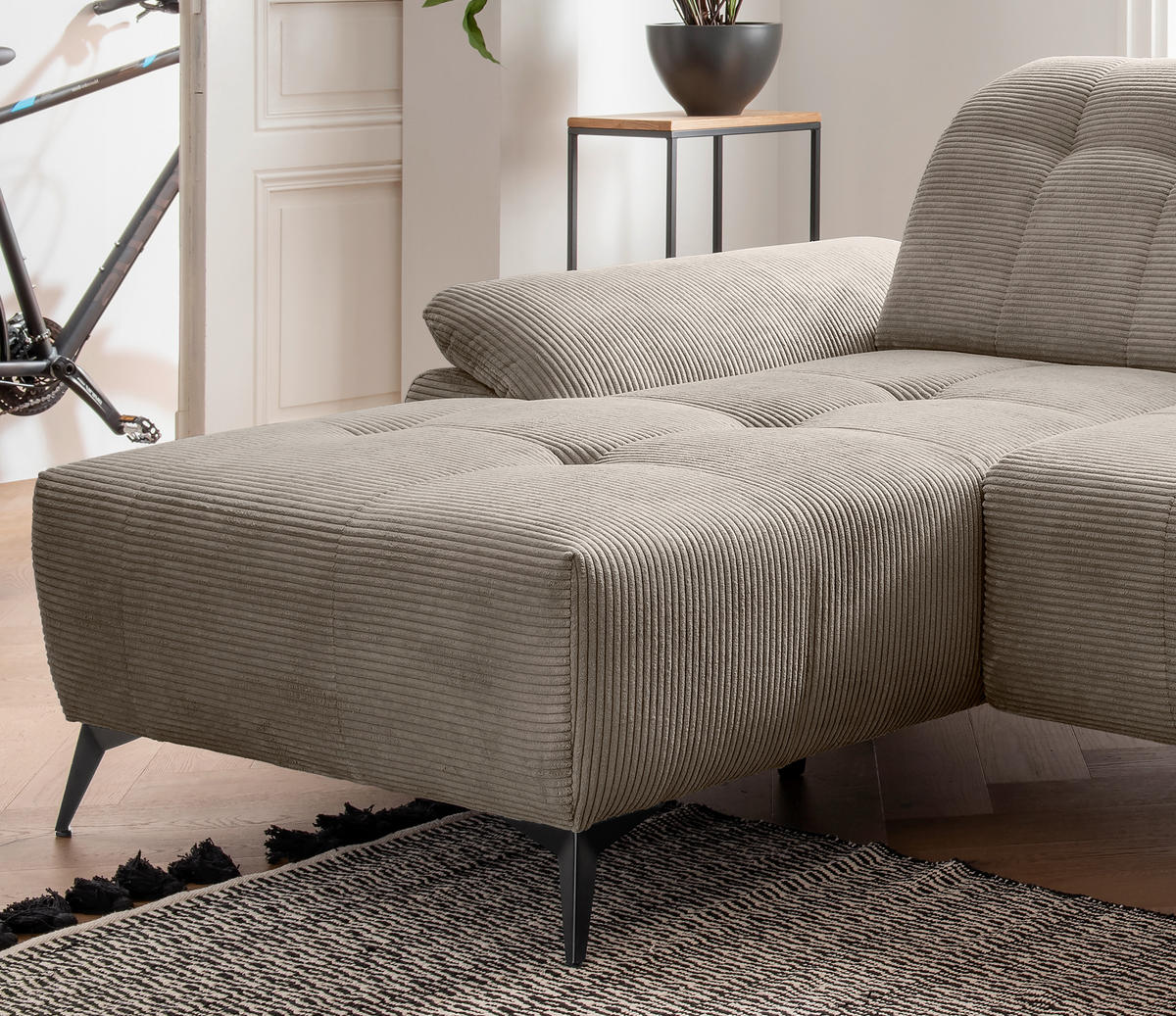 ECKSOFA Cord Graubraun  - Graubraun/Schwarz, Modern, Textil/Metall (180/280cm) - Livetastic