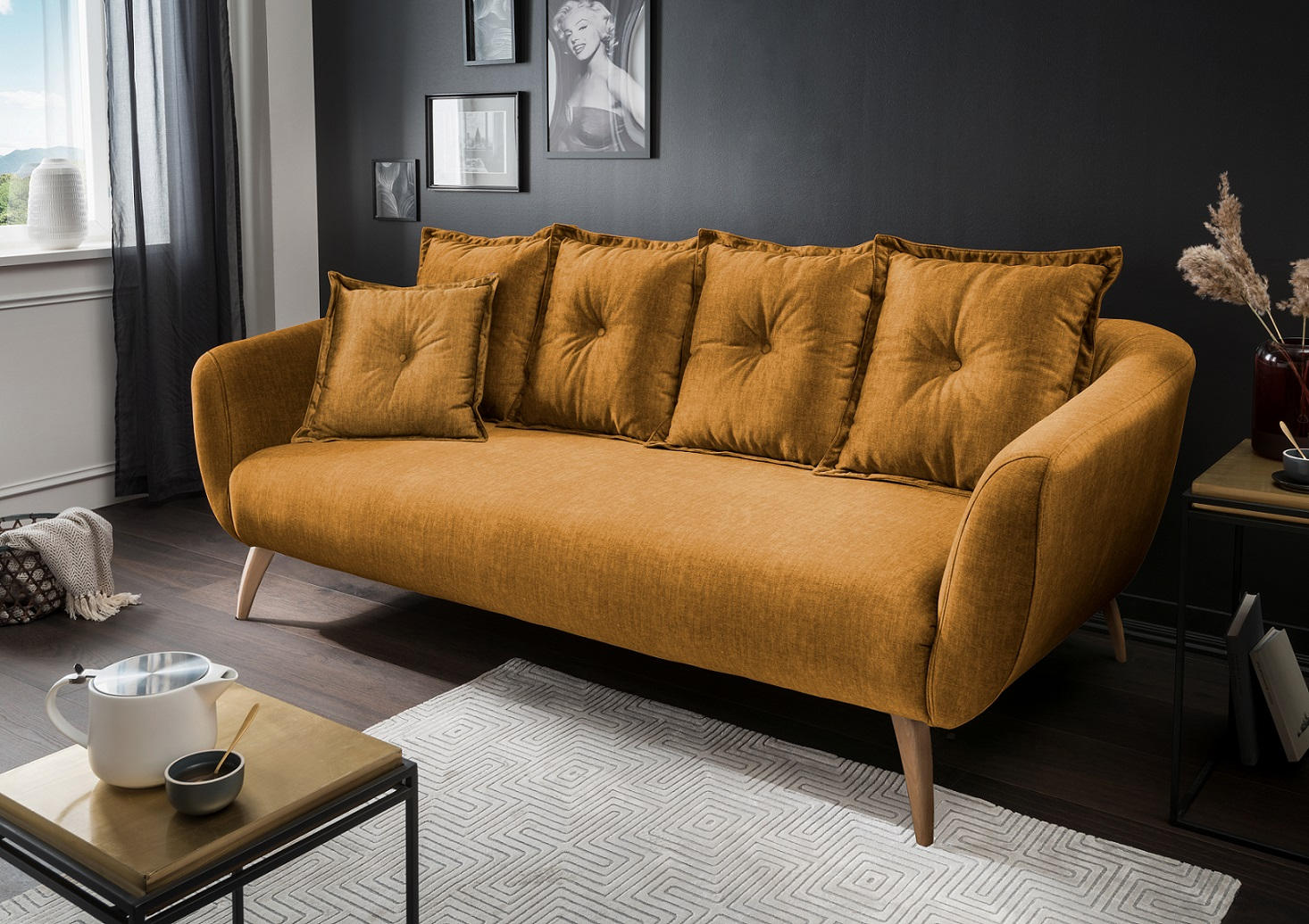 3-SITZER-SOFA in Velours Gelb  - Gelb/Buchefarben, MODERN, Holz/Textil (236/94/103cm) - Livetastic