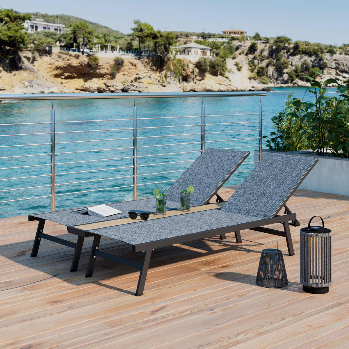 SONNENLIEGE 126/94/195 cm  - Dunkelgrau/Naturfarben, MODERN, Kunststoff/Textil (126/94/195cm) - Ambia Garden