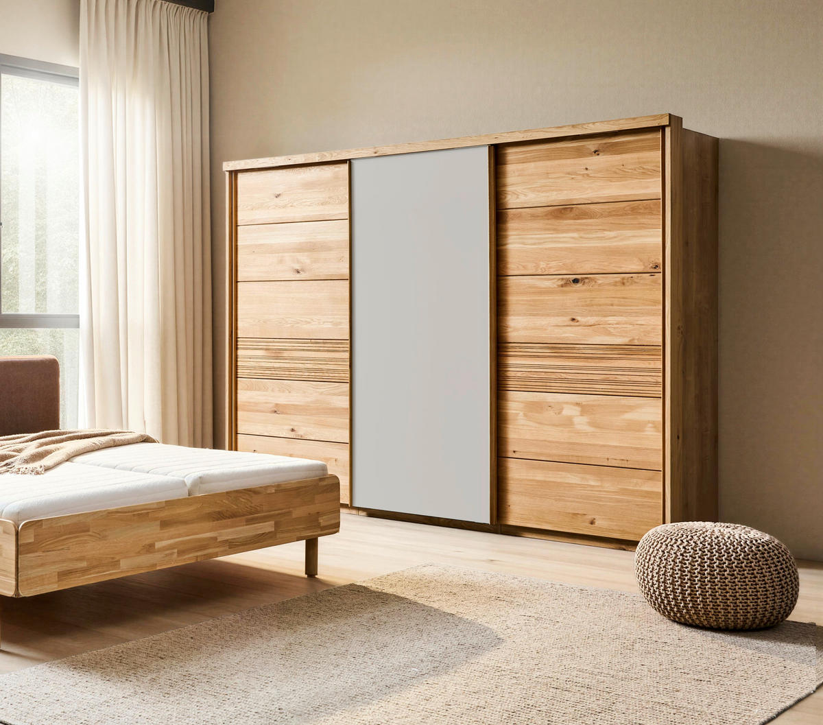 SCHWEBETÜRENSCHRANK 285/216/70 cm 3 Tür(en)-türig Grau, Wildeiche  - Wildeiche/Grau, Design, Glas/Holz (285/216/70cm) - Linea Natura