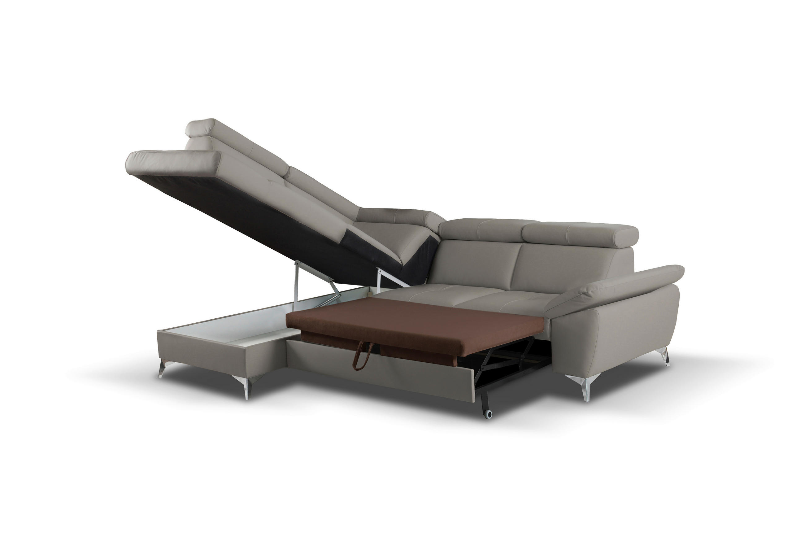 WOHNLANDSCHAFT Schlammfarben Echtleder  - Chromfarben/Schlammfarben, Leder/Metall (197/252cm) - Celina Home