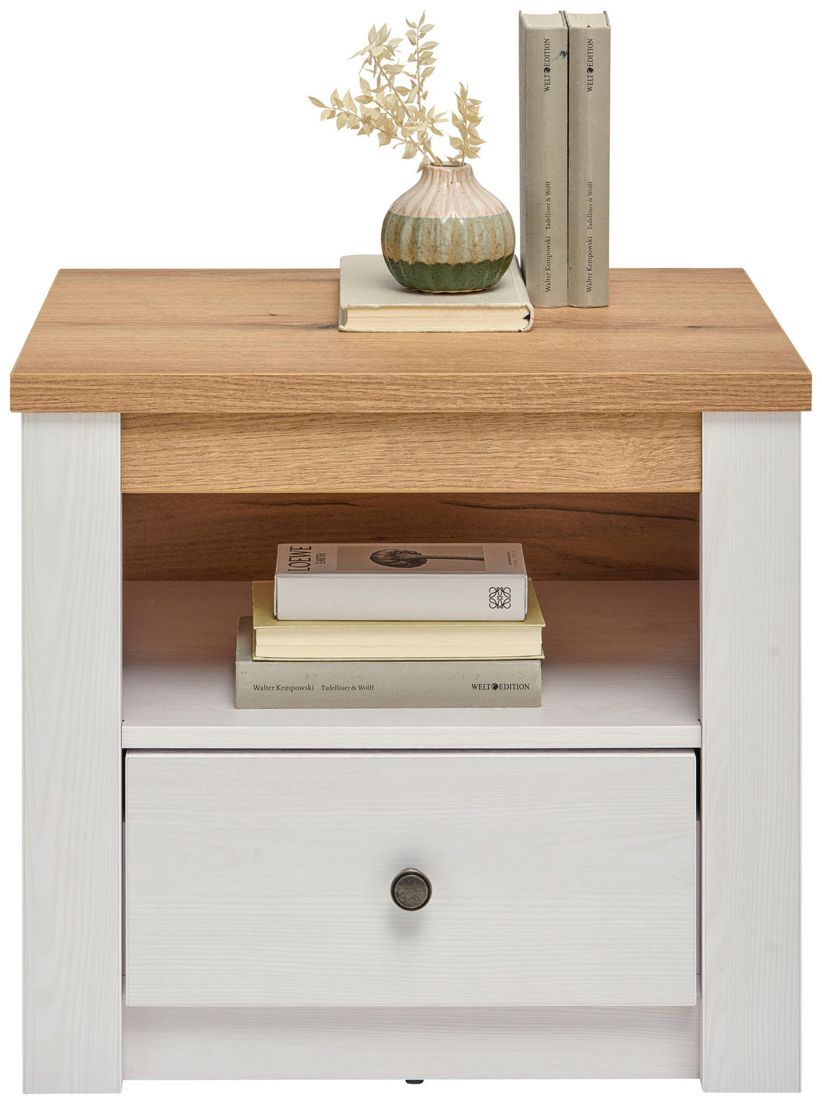 NOČNÍ STOLEK, bílá, barvy dubu, 56,5/52/42 cm - bílá/barvy dubu, Basics, kov/kompozitní dřevo (56,5/52/42cm) - Landscape