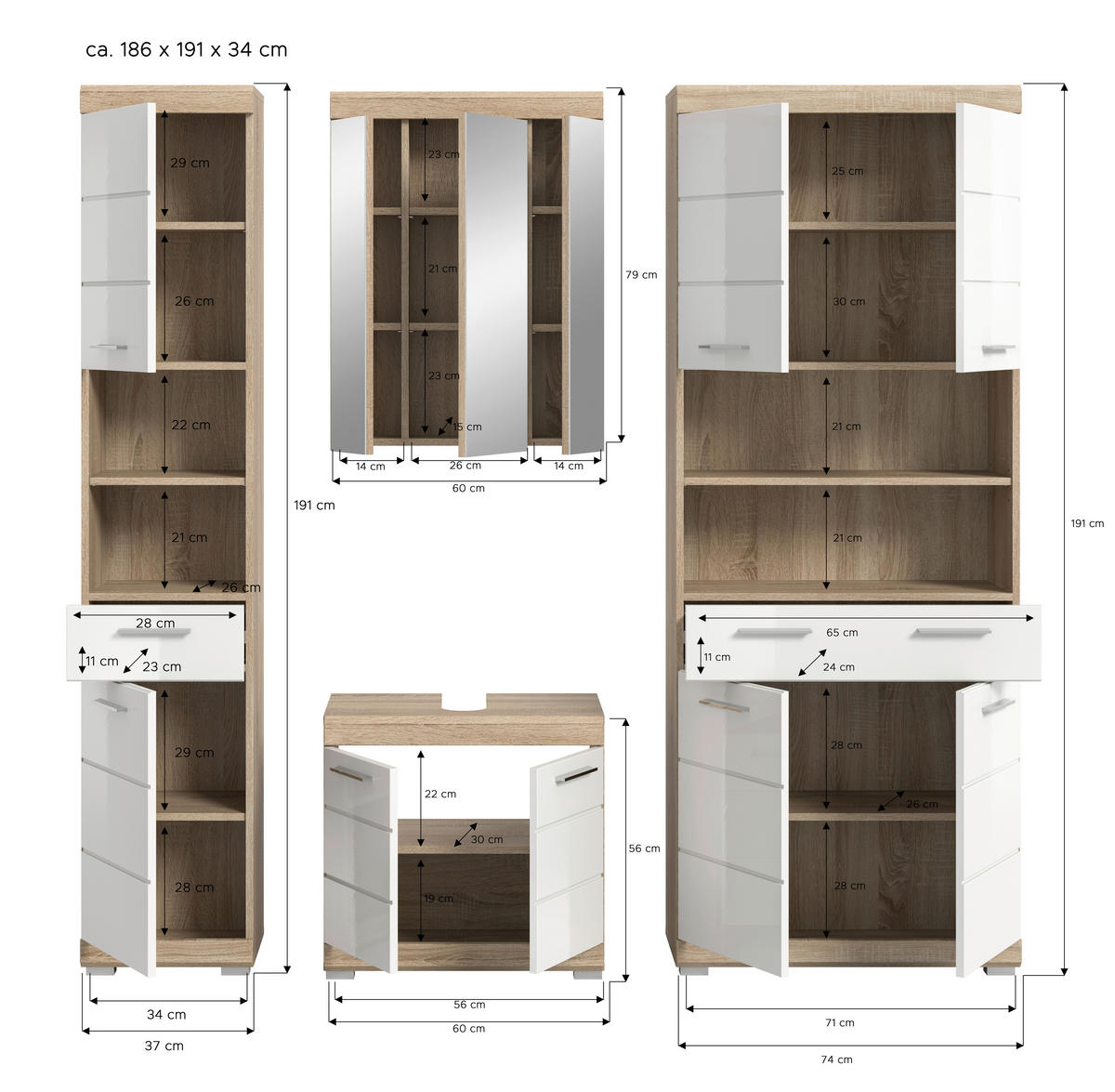 BADEZIMMER 4-teilig  in 165 cm  - Weiß Hochglanz/Silberfarben, MODERN, Glas/Holzwerkstoff (165cm) - MID.YOU