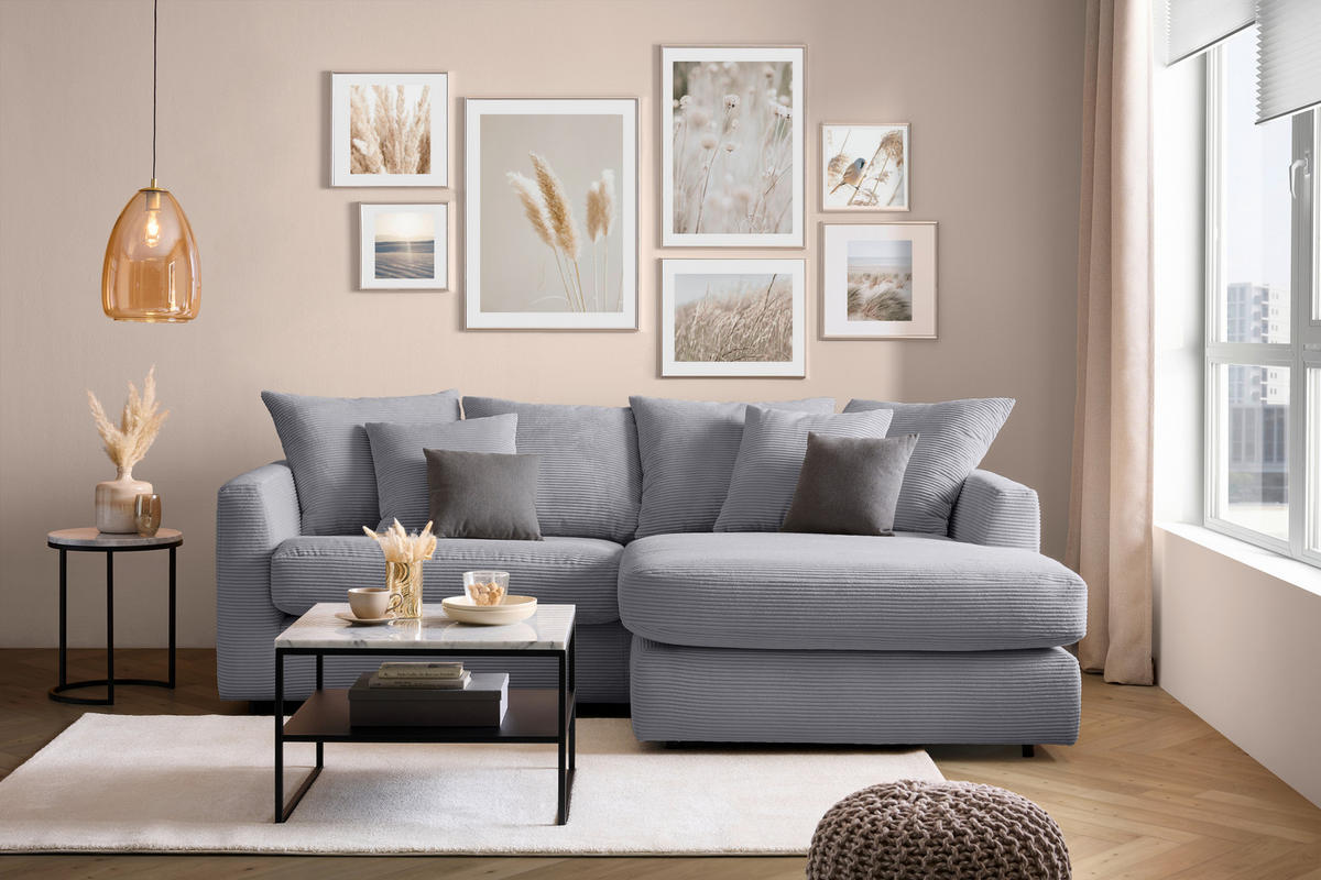 ECKSOFA Hellgrau Cord  - Hellgrau/Schwarz, Design, Kunststoff/Textil (235/175cm) - home24