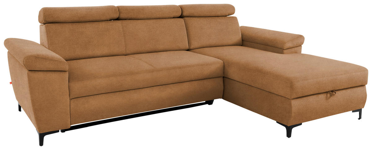 ECKSOFA in Velours Bernsteinfarben  - Bernsteinfarben/Schwarz, Modern, Textil/Metall (258/176cm) - MID.YOU