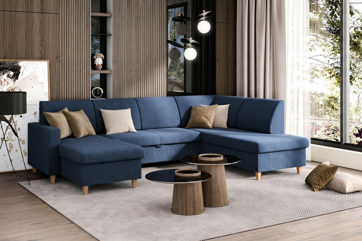 WOHNLANDSCHAFT NIKAS Blau Bouclé  - Blau/Buchefarben, Design, Holz/Textil (310/160/145cm) - MID.YOU