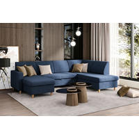 WOHNLANDSCHAFT Bouclé Blau  - Blau/Buchefarben, Design, Holz/Holzwerkstoff (310/160/145cm) - MID.YOU