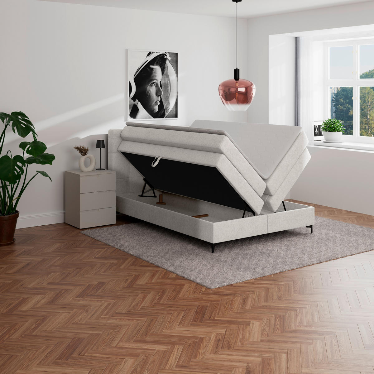 BOXSPRINGBETT 140/200 cm,  in Beige, H3 = fest  - Beige/Schwarz, KONVENTIONELL, Kunststoff/Textil (140/200cm)