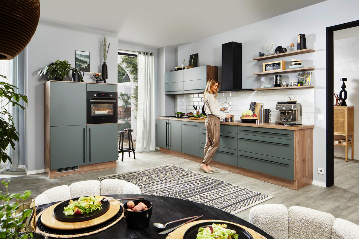 EINBAUKÜCHE 512  - Eichefarben/Thymiangrün, Basics, Holzwerkstoff/Metall - Venda