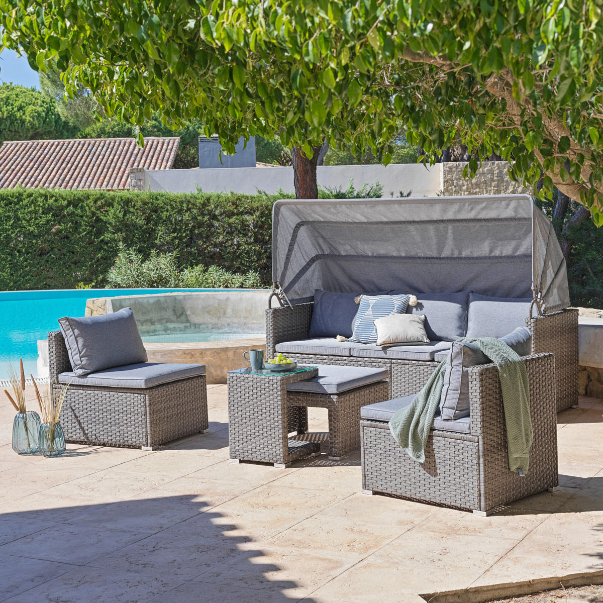 LOUNGEGARNITUR Stahl  - Grau, MODERN, Glas/Kunststoff - Ambia Garden