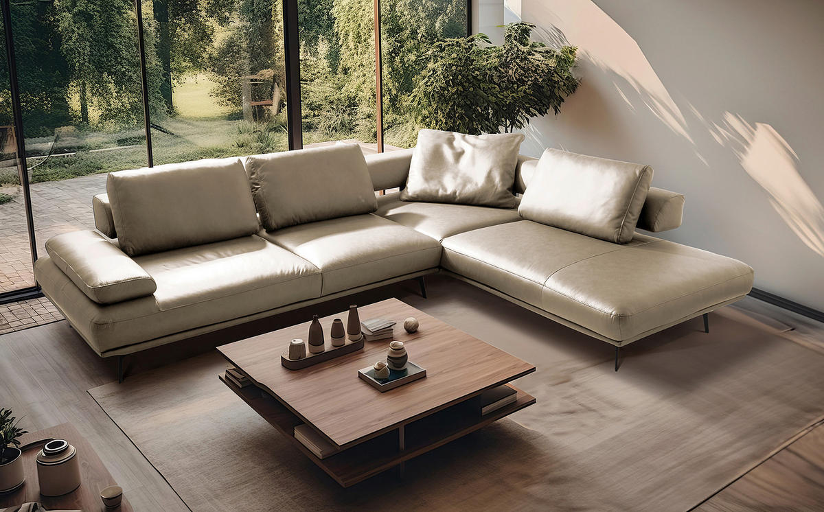 ECKSOFA Creme Echtleder  - Creme/Schwarz, Design, Leder/Metall (306/237cm) - Livetastic