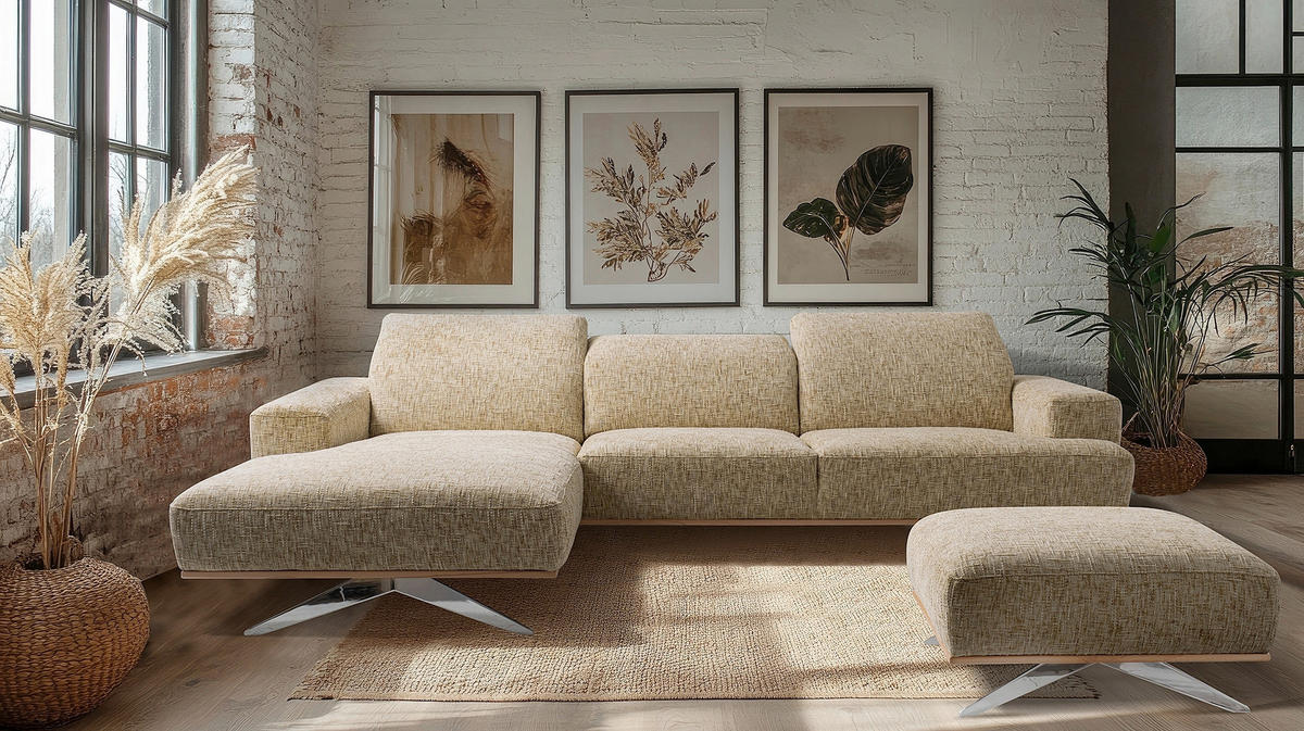 ECKSOFA PORTLAND in Struktur Hellbraun Kopfteilverstellung  187/295 cm  - Chromfarben/Hellbraun, Design, Holz/Textil (187/295cm) - Livetastic