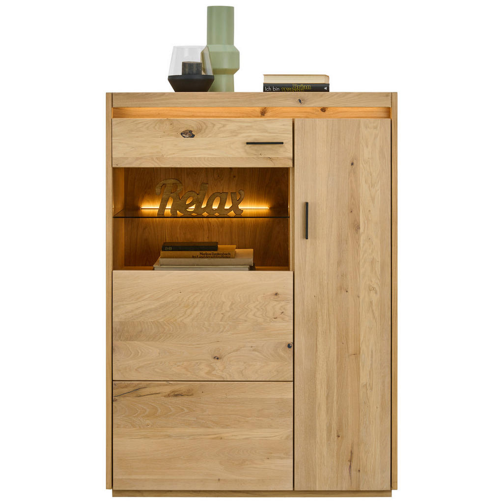 Thumbnail - Linea Natura Highboard, Eiche, Metall, Kerneiche, massiv, furniert, 4 Fächer, 94.8x133.5x37 cm, Beimöbel erhältlich, ste...