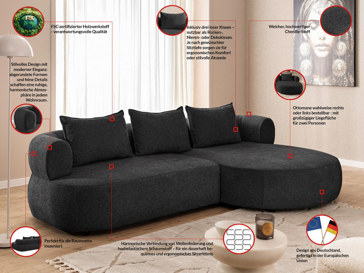 ECKSOFA in Chenille Schwarz  256/156 cm  - Schwarz, Design, Kunststoff/Textil (256/156cm) - Livetastic