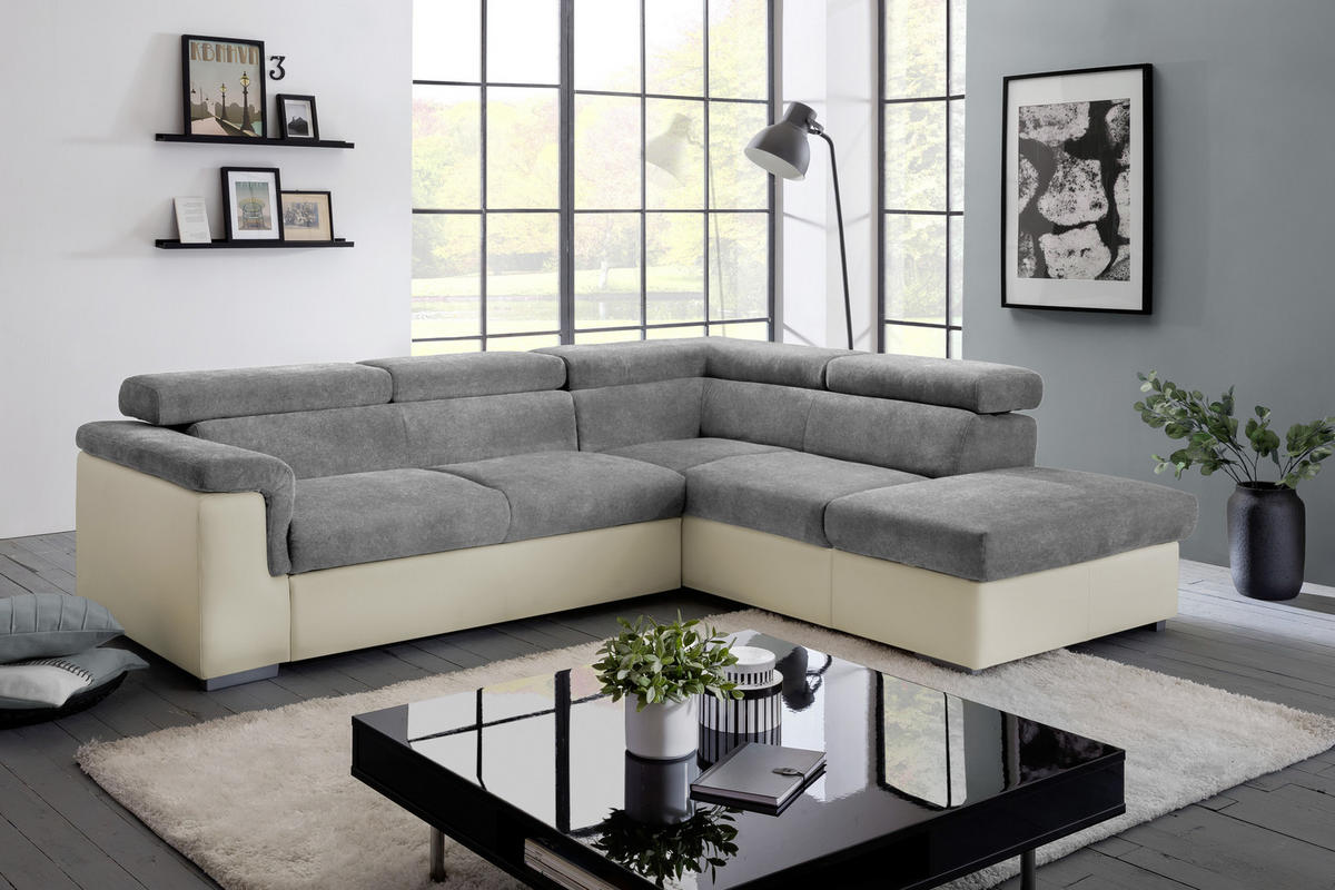ECKSOFA Anthrazit, Braun Lederlook, Flachgewebe  - Anthrazit/Braun, Basics, Holz/Textil (252/217cm) - MID.YOU