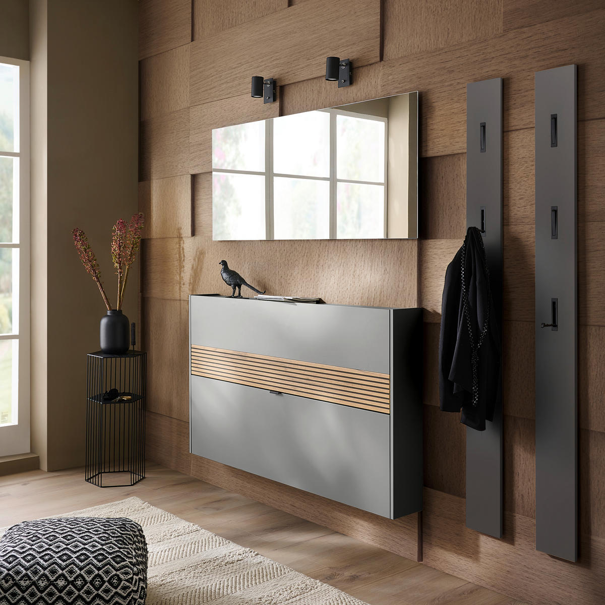 HÄNGESCHUHSCHRANK Graphitfarben, Eichefarben  - Eichefarben/Schwarz, Design, Holzwerkstoff/Metall (140/83/18cm) - Voleo
