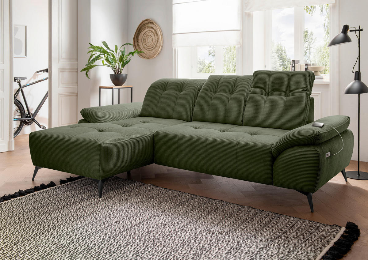 ECKSOFA Cord Dunkelgrün  - Dunkelgrün/Schwarz, Modern, Textil/Metall (180/280cm) - Livetastic