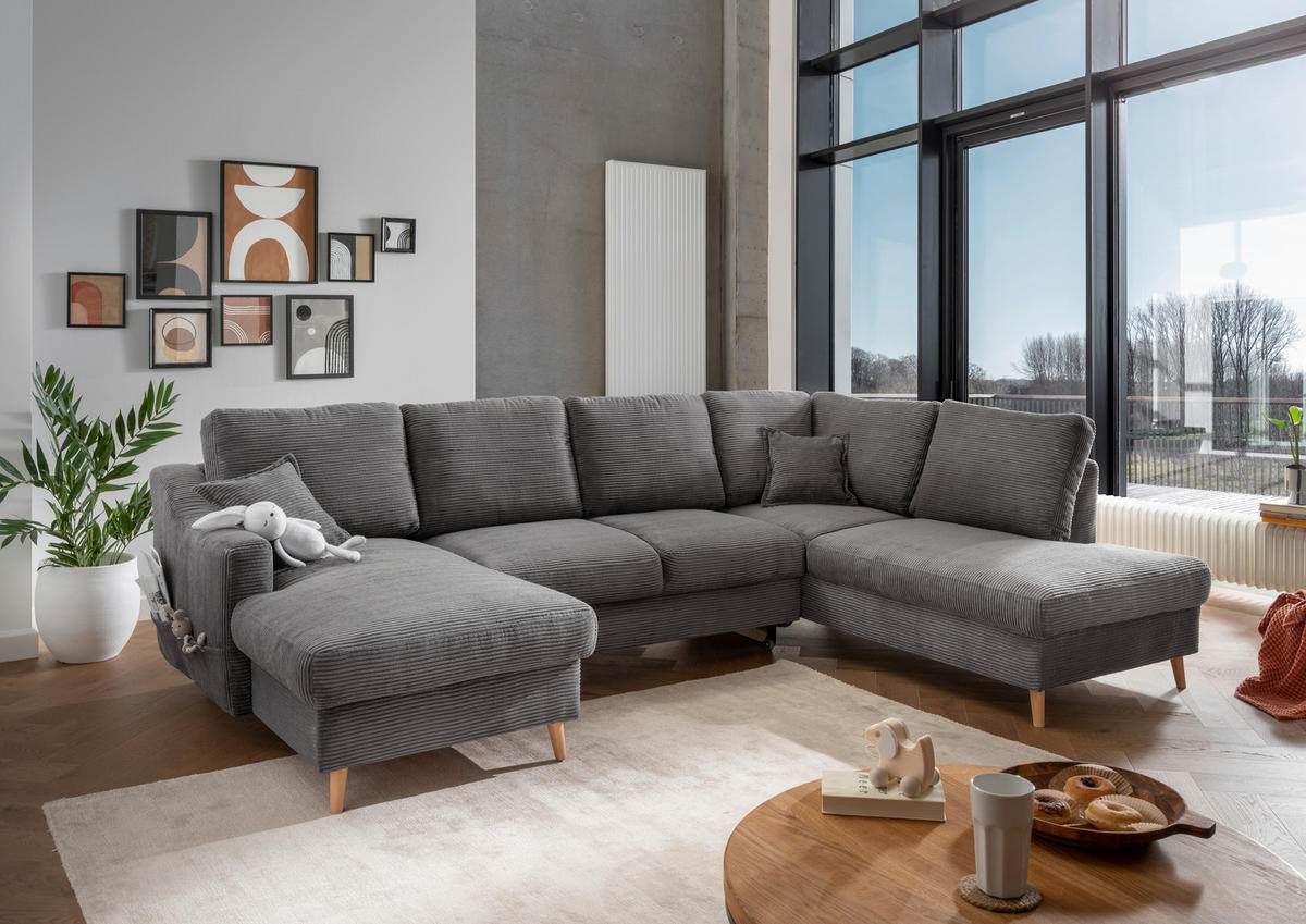WOHNLANDSCHAFT in Cord Grau  - Naturfarben/Grau, KONVENTIONELL, Holz/Textil (150/301/200cm) - P & B