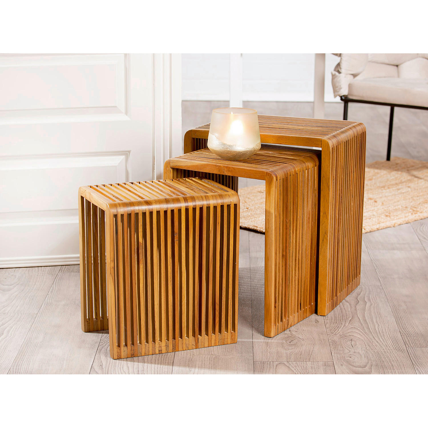 BEISTELLTISCHSET Teakholz massiv Hellbraun  - Hellbraun, Basics, Holz (44/50/35cm)