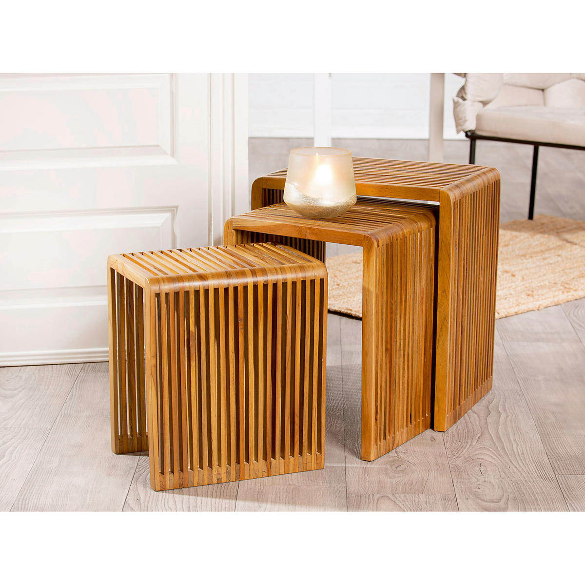 BEISTELLTISCHSET Teakholz massiv Hellbraun  - Hellbraun, Basics, Holz (44/50/35cm)