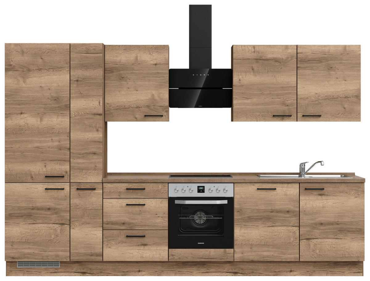 BUCĂTĂRIE FĂRĂ ELECTROCASNICE  - stejar închis la culoare/negru, Modern, metal/material pe bază de lemn (330cm) - Nobilia