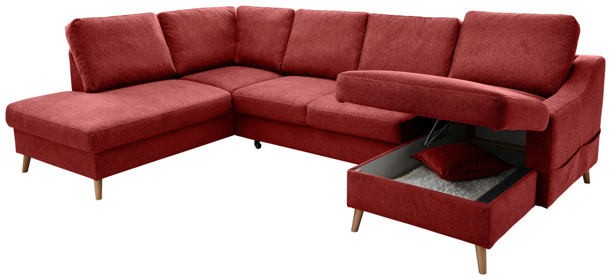 WOHNLANDSCHAFT in Chenille Rot  - Rot/Naturfarben, Konventionell, Holz/Textil (200/301/150cm) - Livetastic