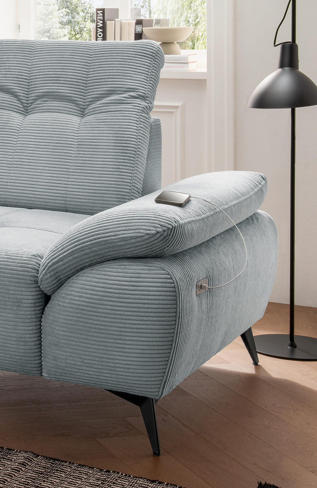 ECKSOFA FIORE in Cord Hellblau Kopfteilverstellung, Sitzvorzug  180/280 cm  - Schwarz/Hellblau, MODERN, Textil/Metall (180/280cm) - Livetastic
