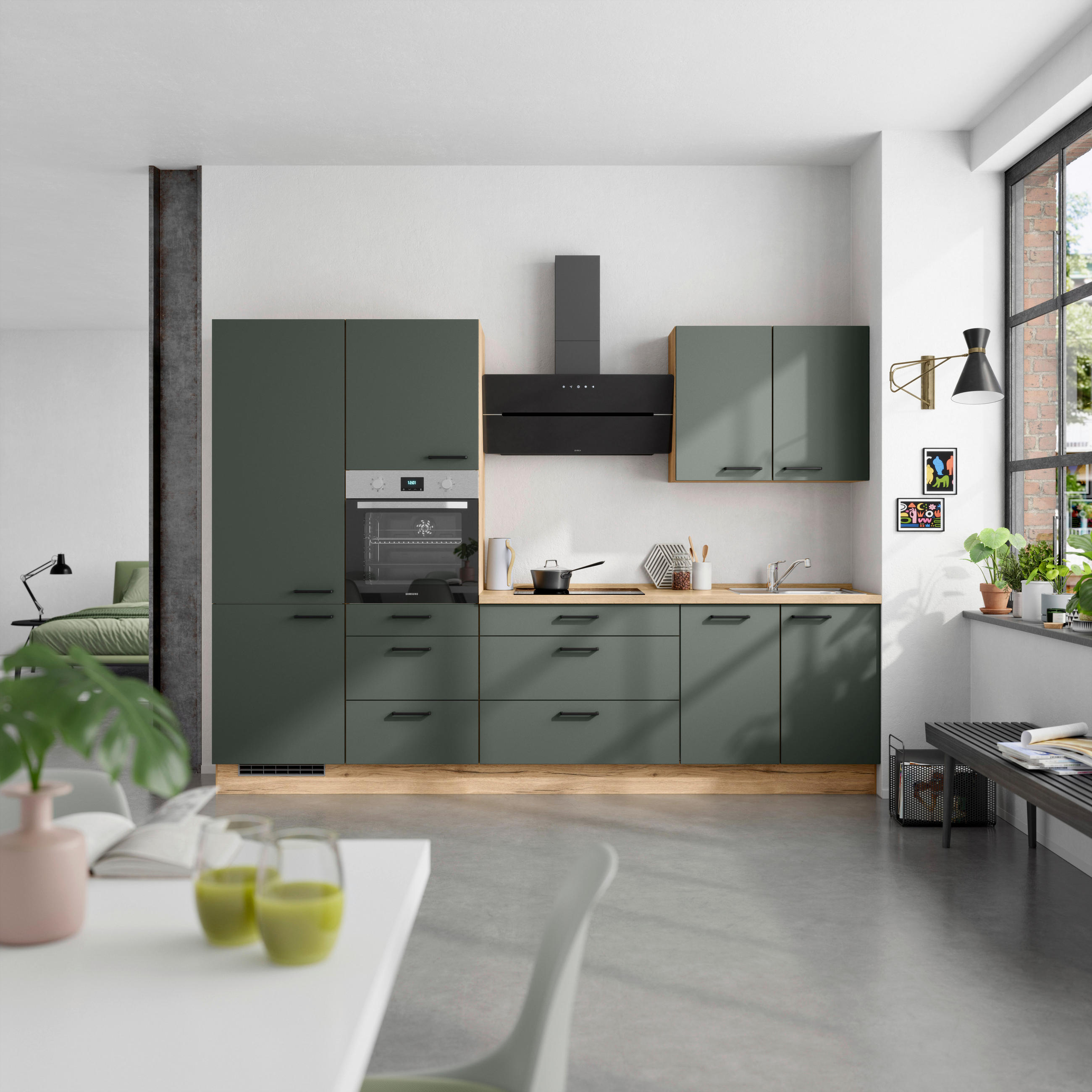 KÜCHENBLOCK 300 cm   in Eichefarben, Dunkelgrün  - Dunkelgrün/Eichefarben, MODERN, Holzwerkstoff/Metall (300cm) - Nobilia