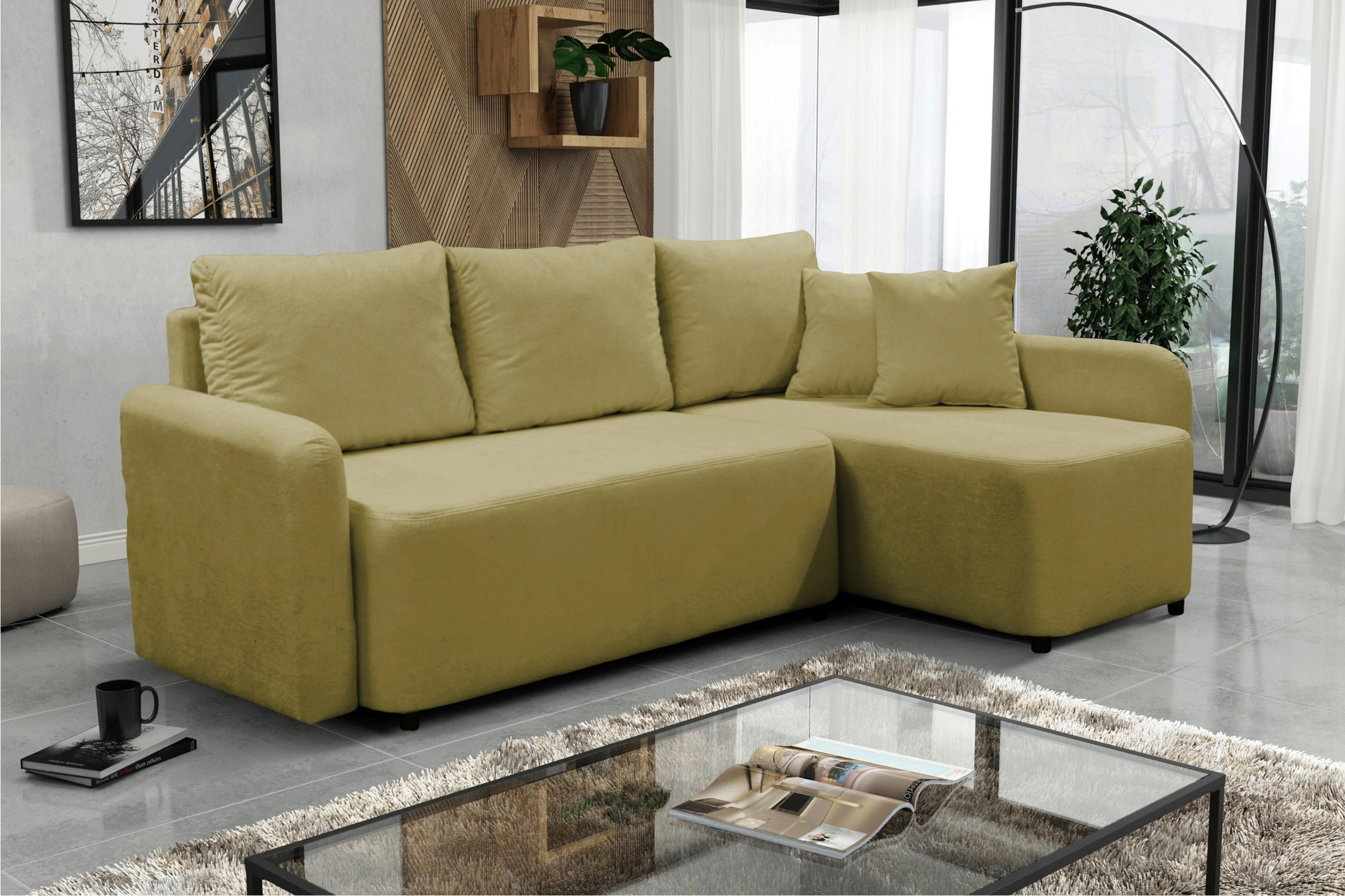 ECKSOFA STERN Grün Bouclé Zierkissen, Rückenkissen, Bettkasten  - Schwarz/Grün, Design, Kunststoff/Textil (207/152cm) - MID.YOU