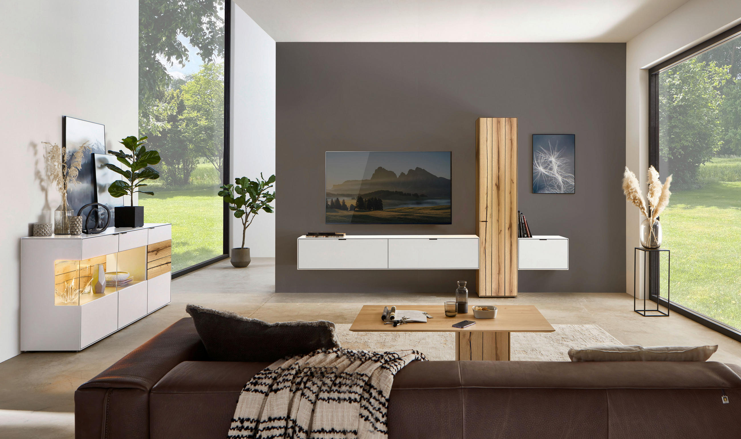 WOHNWAND  in Weiss, Eichefarben 320,7/205,5/37,1 cm  - Weiss/Eichefarben, Design, Glas/Holz (320,7/205,5/37,1cm) - Dieter Knoll