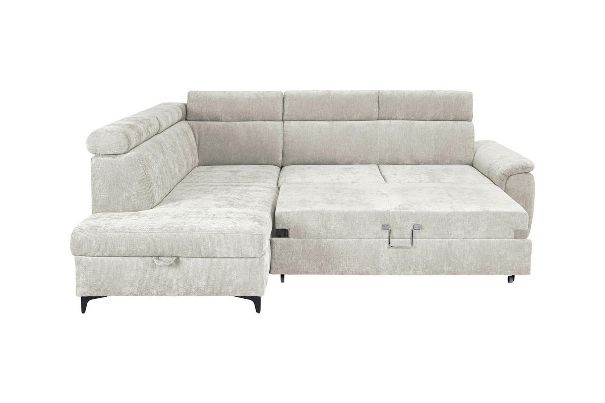 ECKSOFA Elfenbein Chenille Bettkasten, Schlaffunktion, Rücken echt, Kopfteilverstellung, Liegefläche im Originalstoff  - Elfenbein/Schwarz, KONVENTIONELL, Textil/Metall (206/265cm) - Carryhome