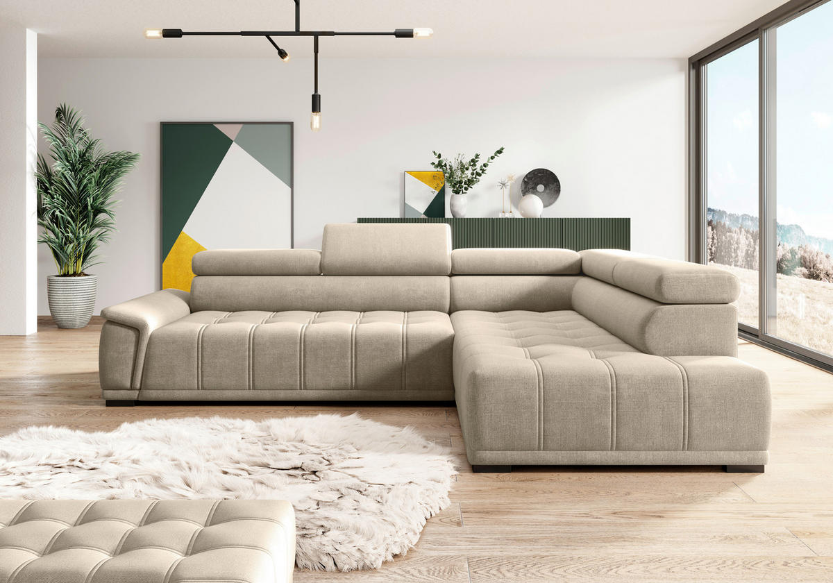 HÖRNSOFFA i chenille, vävt tyg beige  - beige/svart, Modern, textil/plast (283/106cm) - MID.YOU