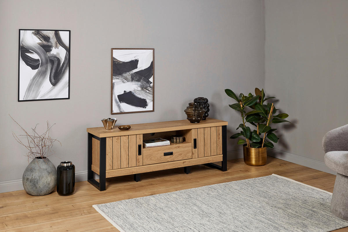TV-ELEMENT Holzwerkstoff Schwarz, Eichefarben  - Eichefarben/Schwarz, KONVENTIONELL, Holzwerkstoff/Metall (153,4/55/39cm) - MID.YOU