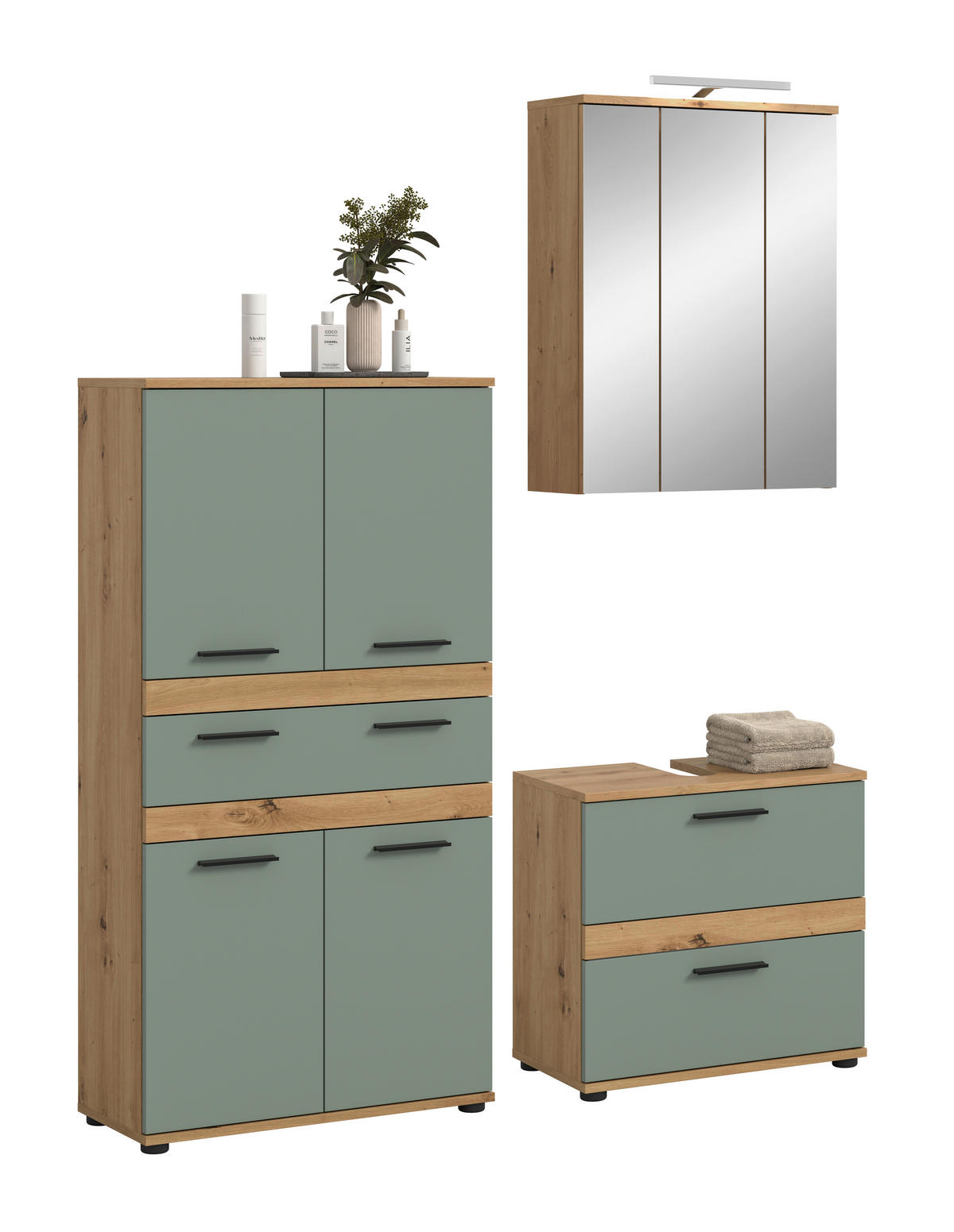 BADEZIMMER 4-teilig  in 145 cm  - Salbeigrün/Schwarz, Trend, Glas/Holzwerkstoff (145cm) - MID.YOU