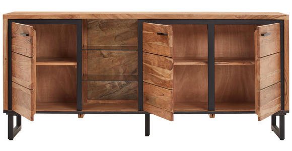 SIDEBOARD Akazie Hartholz Schwarz, Akaziefarben Beleuchtung, Einlegeböden  - Schwarz/Akaziefarben, MODERN, Glas/Holz (175/77/40cm) - Carryhome