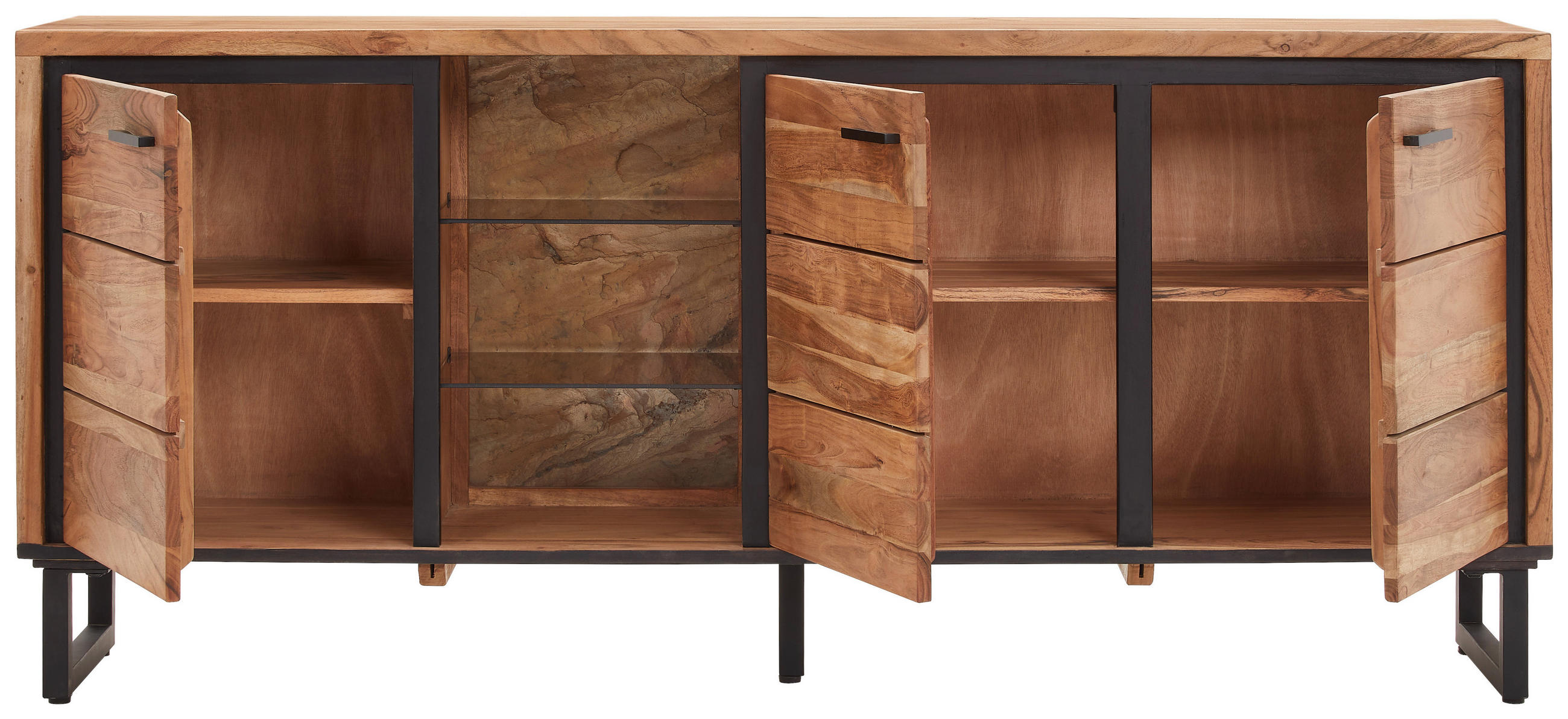 SIDEBOARD 175/77/40 cm  - svart/akaciefärgad, Modern, metall/trä (175/77/40cm) - Carryhome