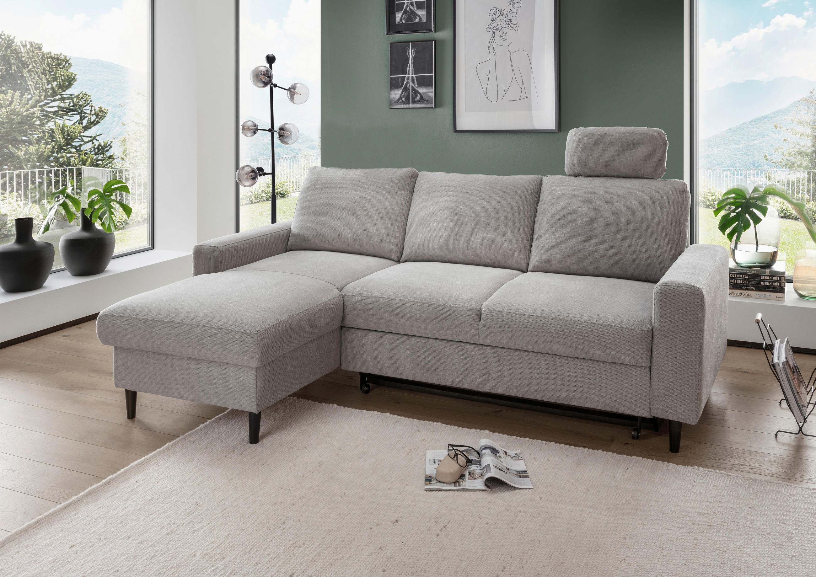 ECKSCHLAFSOFA in Chenille Grau  - Schwarz/Grau, MODERN, Holz/Textil (147/234cm) - Livetastic
