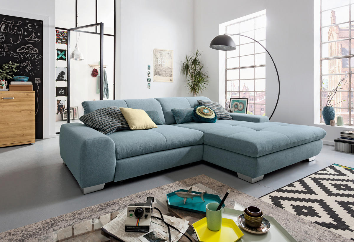 ECKSOFA Hellblau Flachgewebe  - Chromfarben/Hellblau, Design, Textil/Metall (276/198cm) - SetOne by Musterring