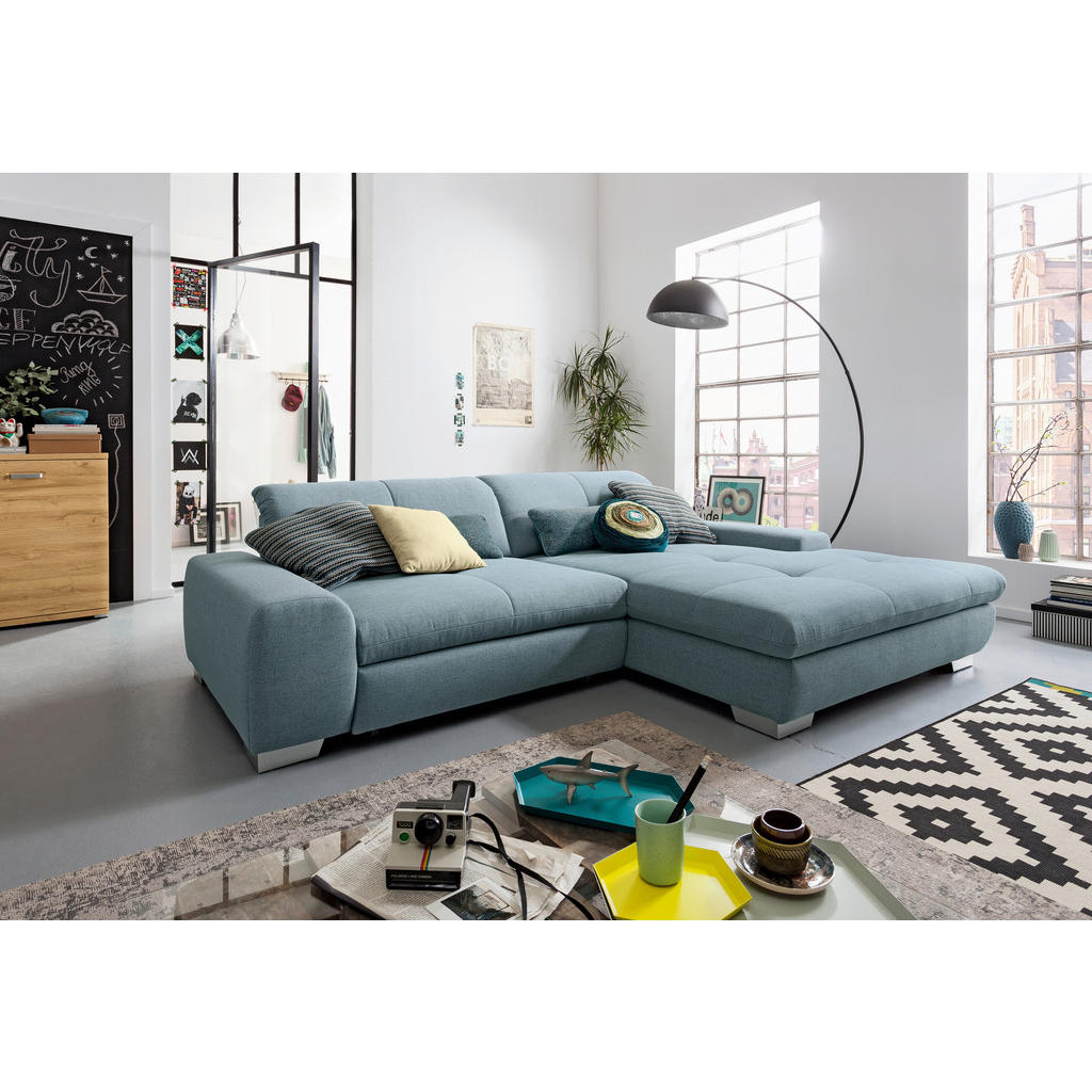 Thumbnail - SetOne by Musterring Ecksofa, Hellblau, Textil, 2-Sitzer, L-Form, Ottomane rechts, 276x198 cm, Bettkasten erhältlich, Fu...