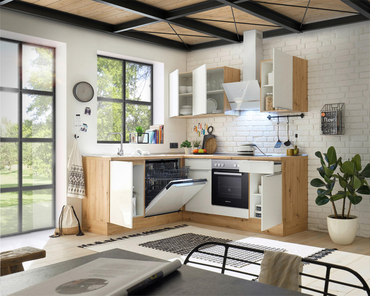 ECKKÜCHE 220/170 cm  in Weiß Hochglanz, Eiche Artisan  - Weiß Hochglanz/Alufarben, LIFESTYLE, Holzwerkstoff/Kunststoff (220/170cm) - Respekta