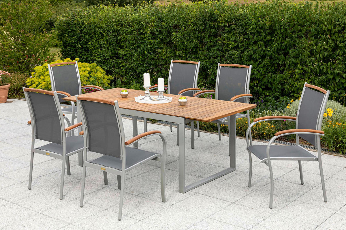 GARTENTISCHGRUPPE beschichtet AkazieHartholz Aluminium  - Silberfarben/Naturfarben, KONVENTIONELL, Holz/Textil - Gardenson