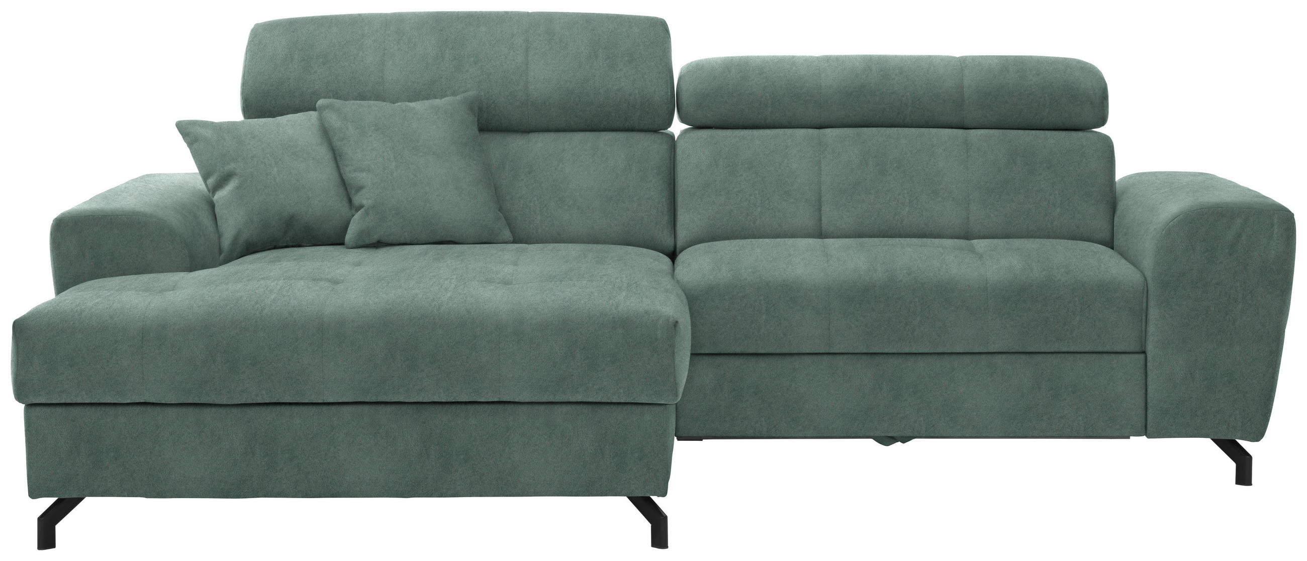 ECKSOFA Mintgrün Velours Zierkissen, Bettkasten, Schlaffunktion, Rücken echt, Kopfteilverstellung  - Schwarz/Mintgrün, Design, Textil/Metall (181/267cm) - Carryhome