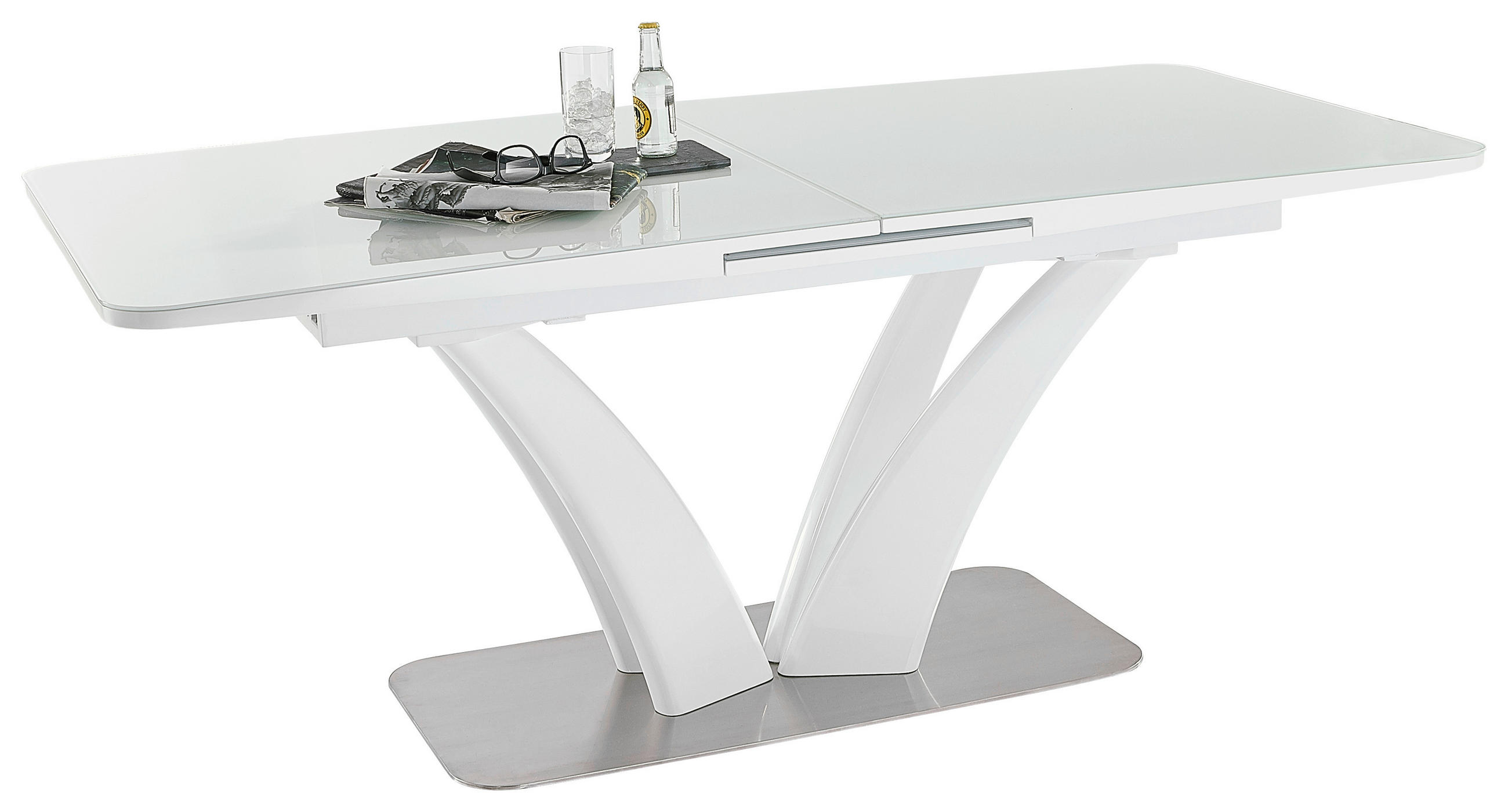 Masă din metal, sticlă, material pe bază de lemn, 180-220/90/75 cm,   - alb/culoare inox, Design, sticlă/metal (180-220/90/75cm) - Novel