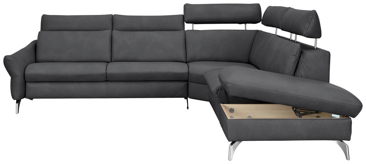 ECKSOFA in Echtleder Dunkelgrau  - Edelstahlfarben/Dunkelgrau, Konventionell, Leder/Metall (296/242cm) - Himolla Komfortklass