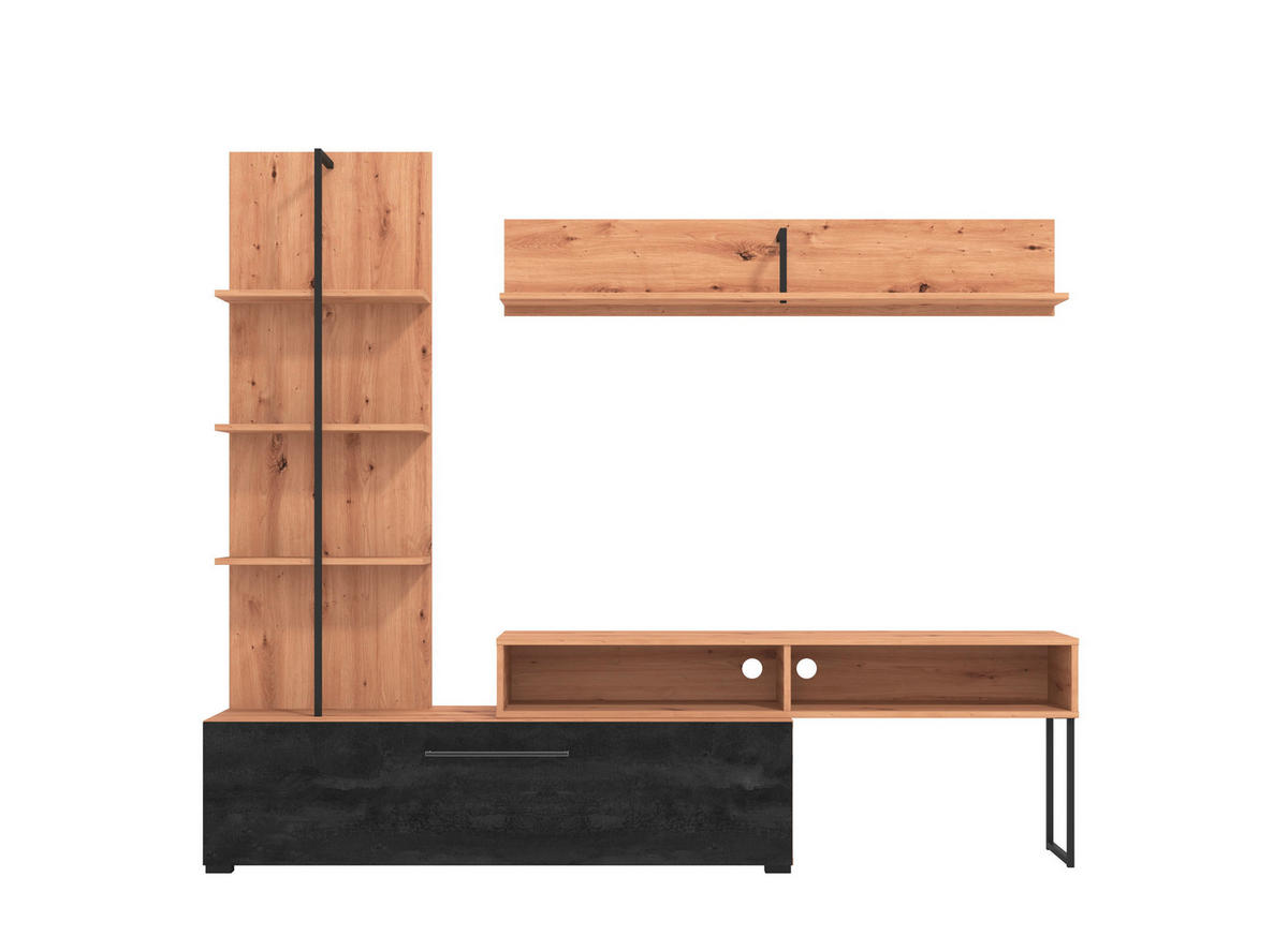 WOHNWAND  in Schwarz, Eiche Artisan  205,5/173/41,5 cm  - Schwarz/Eiche Artisan, KONVENTIONELL, Holzwerkstoff/Kunststoff (205,5/173/41,5cm) - Carryhome