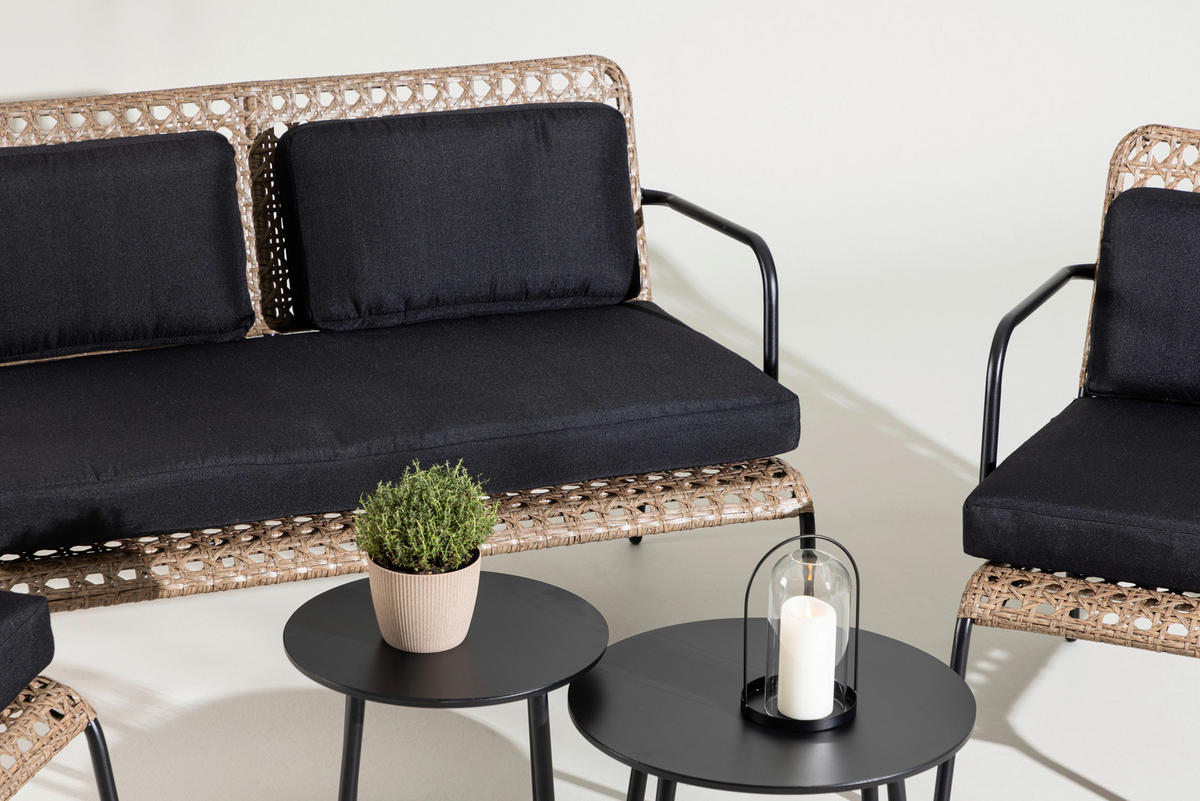 LOUNGEGARNITUR   Rattan Stahl  - Dunkelgrau/Schwarz, KONVENTIONELL, Naturmaterialien/Holz - Gardenson