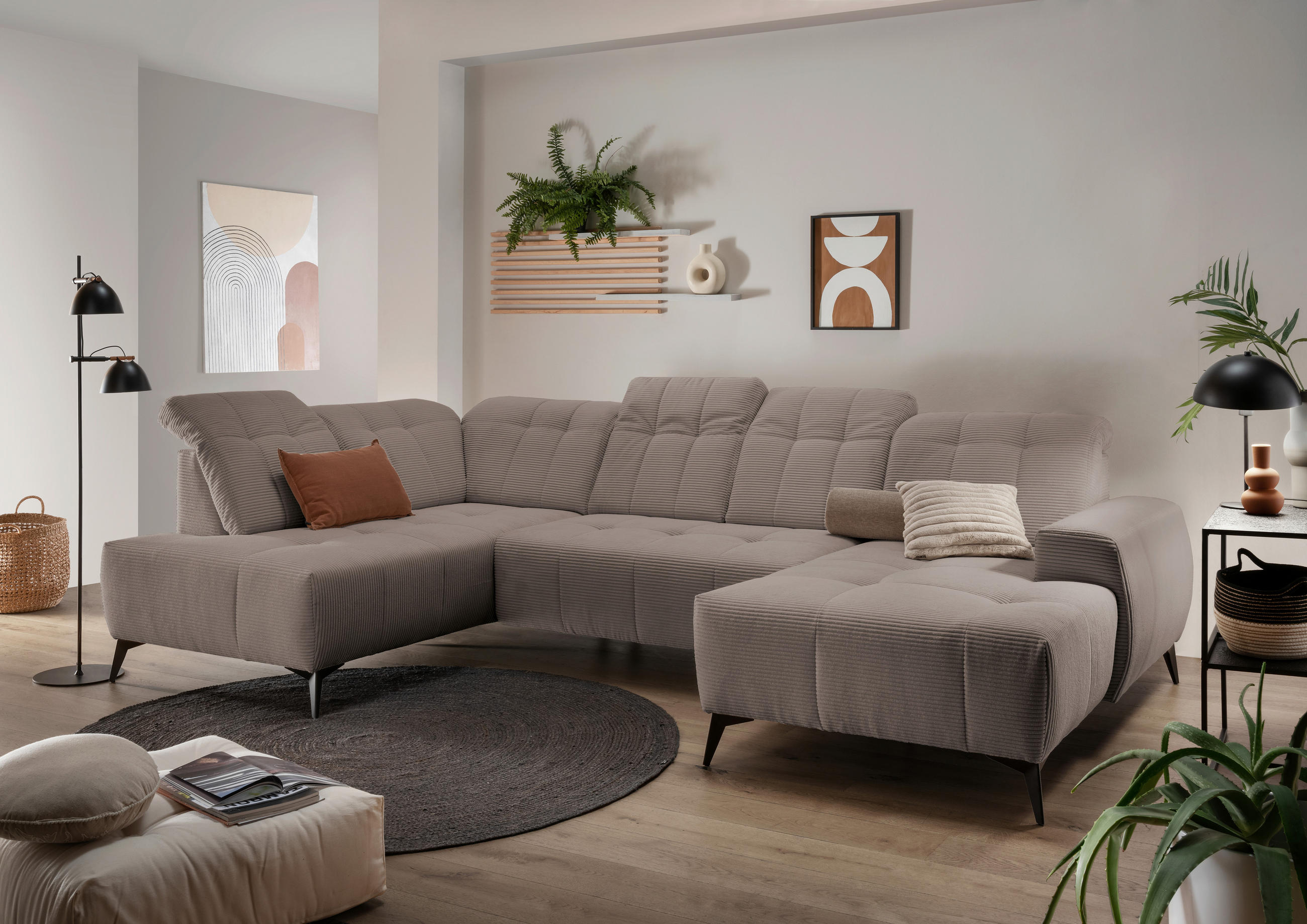 WOHNLANDSCHAFT SANO Graubraun Cord  - Graubraun/Schwarz, MODERN, Textil/Metall (200/337/180cm) - Livetastic