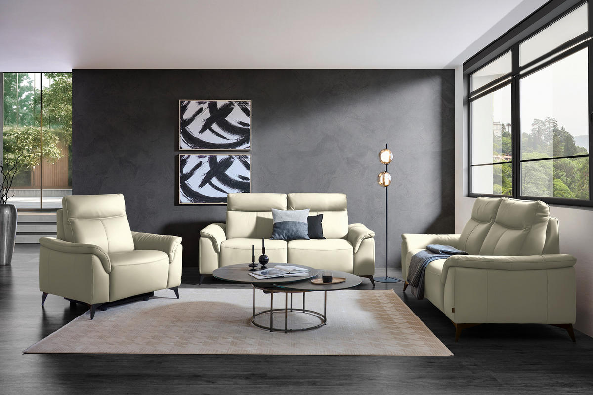 3-SITZER-SOFA  in Echtleder Creme   - Creme/Schwarz, Design, Leder/Metall (207/107/98cm) - Belluti